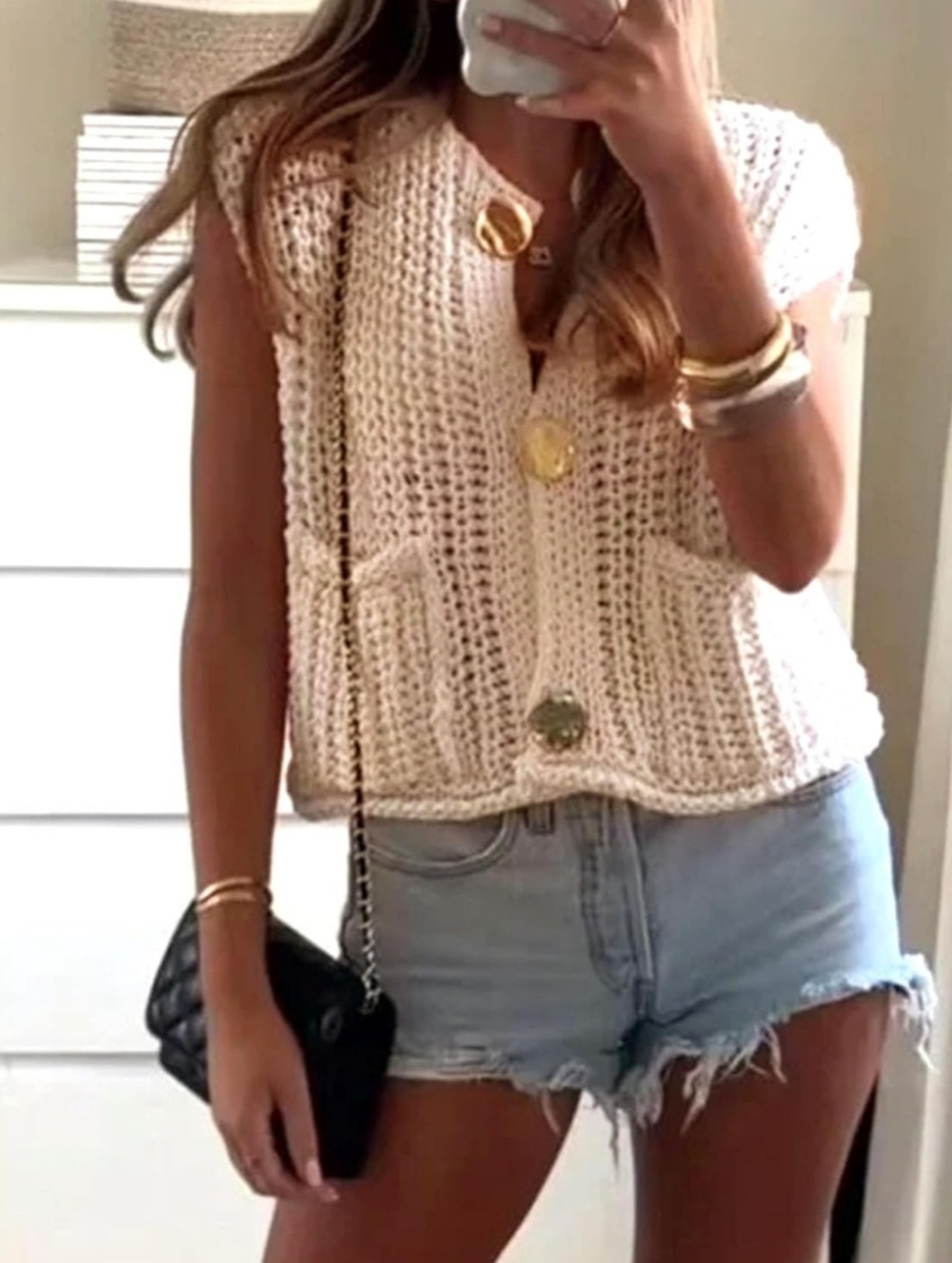 Cream Crochet Button-Front Knit Top